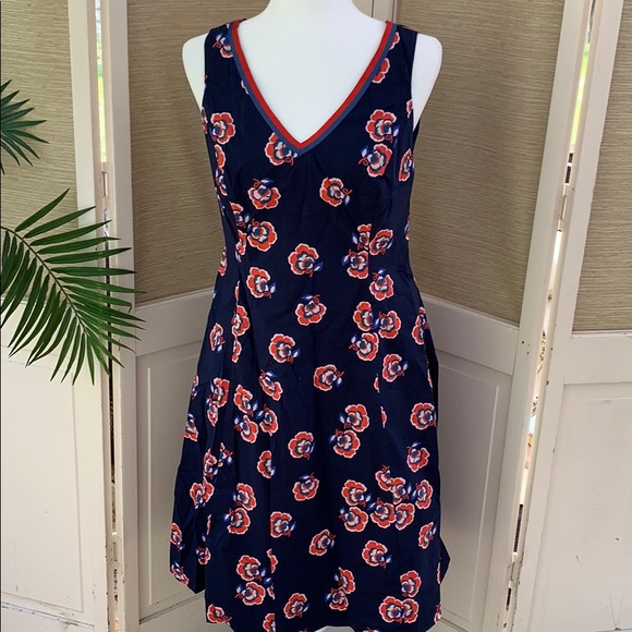 Boden Midi-Dress, Navy Orange Floral Pattern Dress, Sleeveless Business Casual - Picture 3 of 16